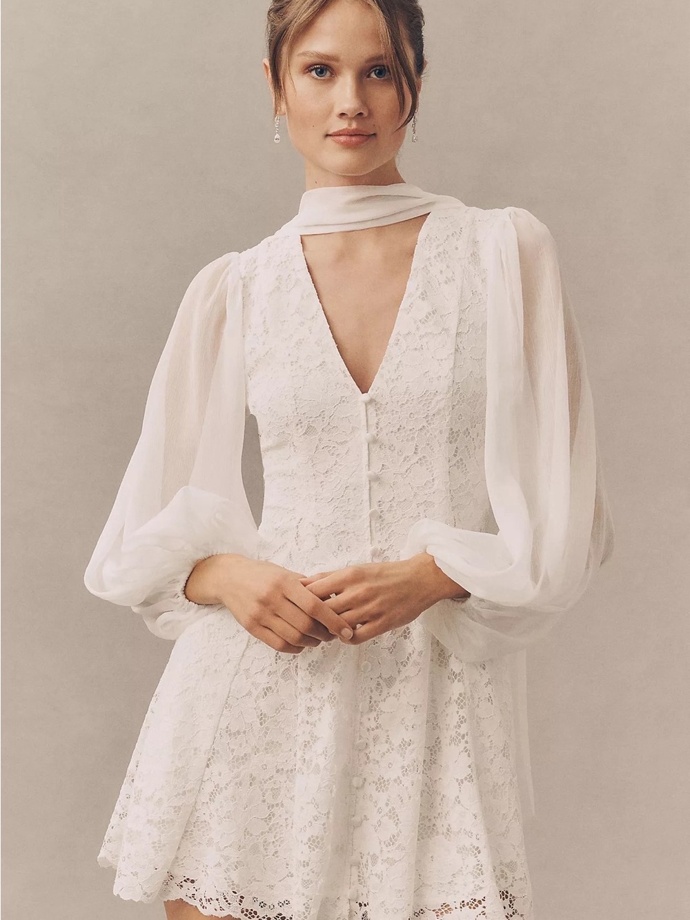 Anthropologie White Lace Mini Dress with Sheer Bishop Sleeves
